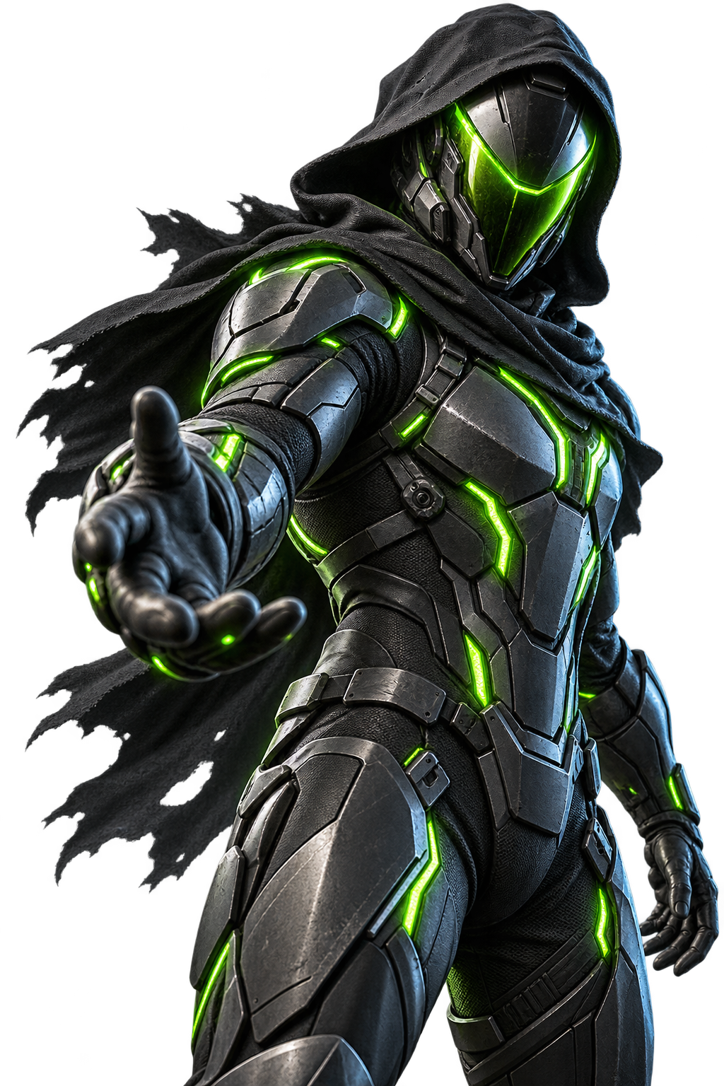 Explorador futurista con armadura oscura y luces verdes